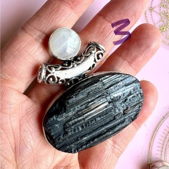 925 Yin Yang YOU CHOOSE! Raw Black Tourmaline + Moonstone Pendant Necklace - Picture 4 of 10
